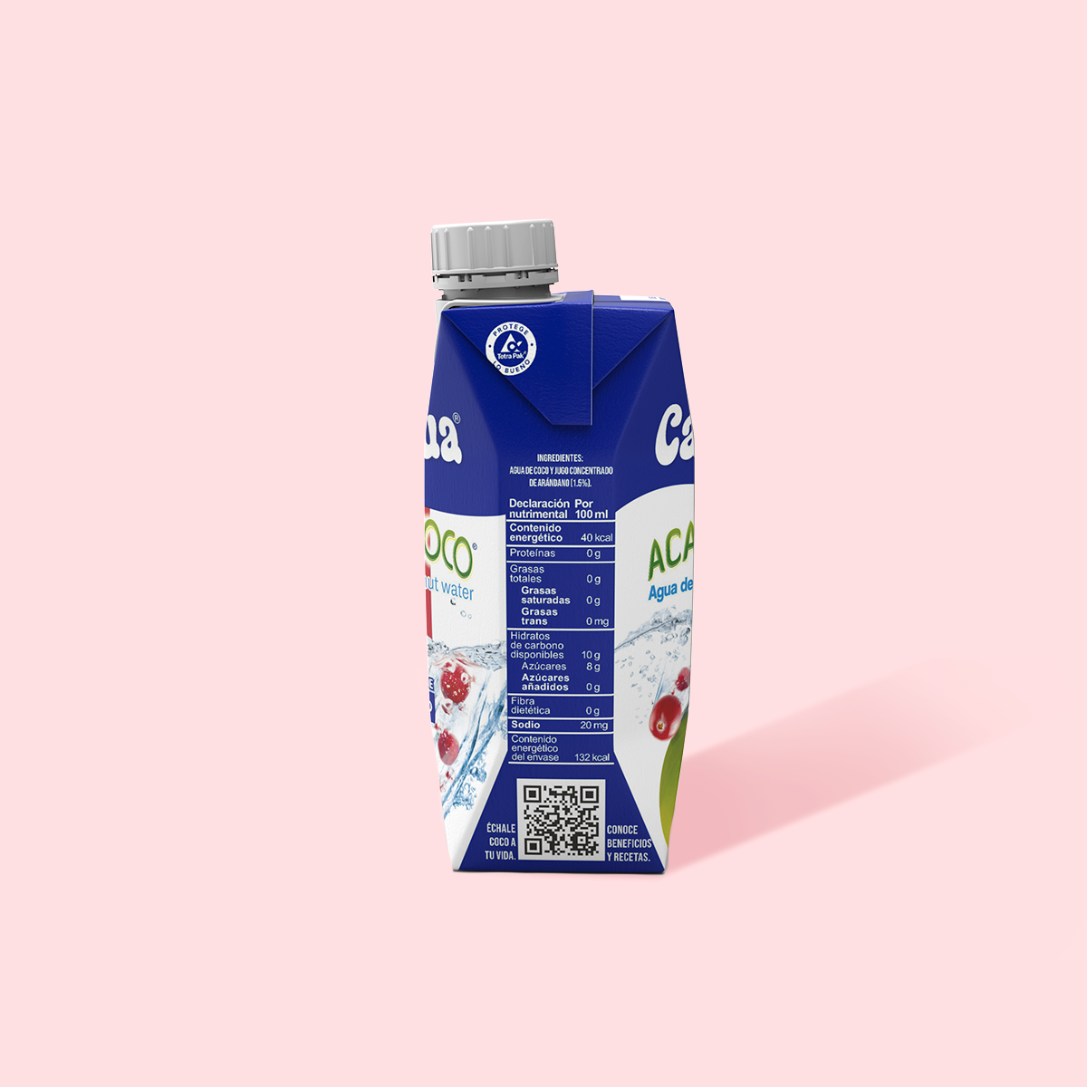 Agua de Coco con jugo de arándano, Tetra Prisma de 330 ml. lado